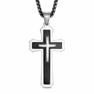Black & Silver Layered Cross Necklace Stainless Steel 24” Chain